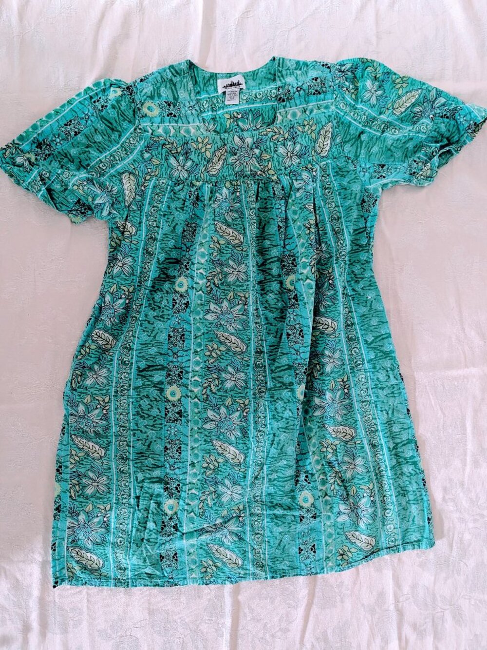 VTG Metropolitan Floral Cotton House Dress Sz M Muumuu Green Blue Cottagecore